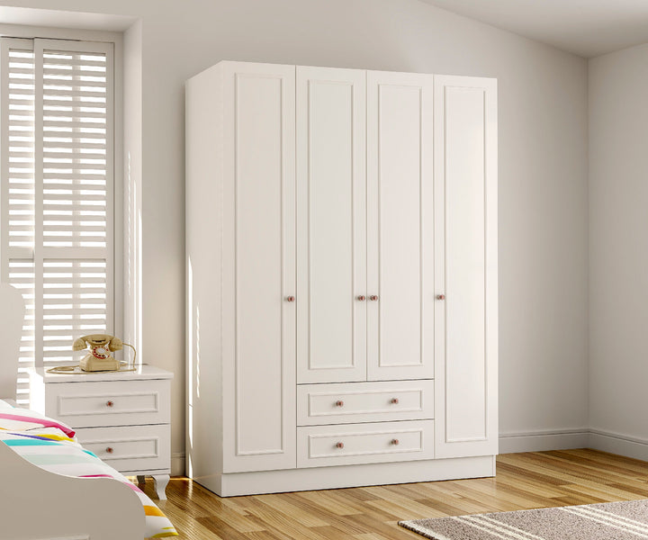 Giselle 4 Door 2 Drawer White Wardrobe-Wardrobe-Evuhome-Flat Pack (Self-Assembly)-Evuhome