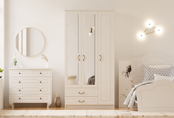 Anne 3 Door 2 Drawer Mirrored White Wardrobe-Wardrobe-Evuhome-Flat Pack (Self-Assembly)-Evuhome