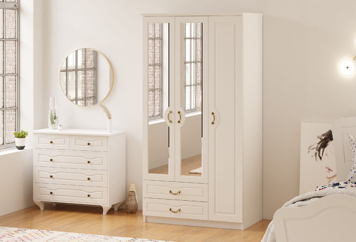 Anne 3 Door 2 Drawer Mirrored White Wardrobe-Wardrobe-Evuhome-Flat Pack (Self-Assembly)-Evuhome