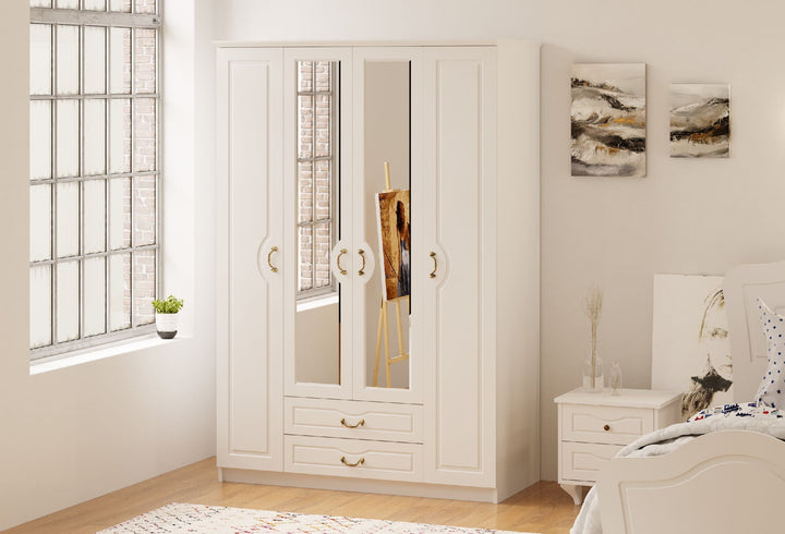 Anne 4 Door 2 Drawer Mirrored White Wardrobe-Wardrobe-Evuhome-Flat Pack (Self-Assembly)-Evuhome