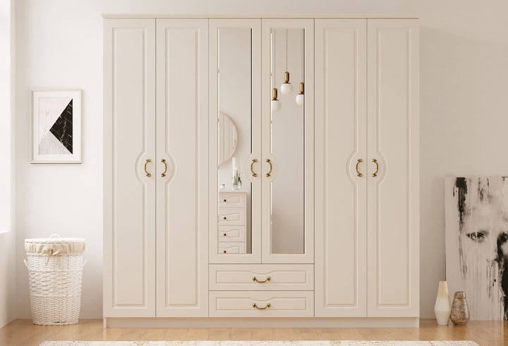 Anne 6 Door 2 Drawer Mirrored White Wardrobe-Wardrobe-Evuhome-Flat Pack (Self-Assembly)-Evuhome