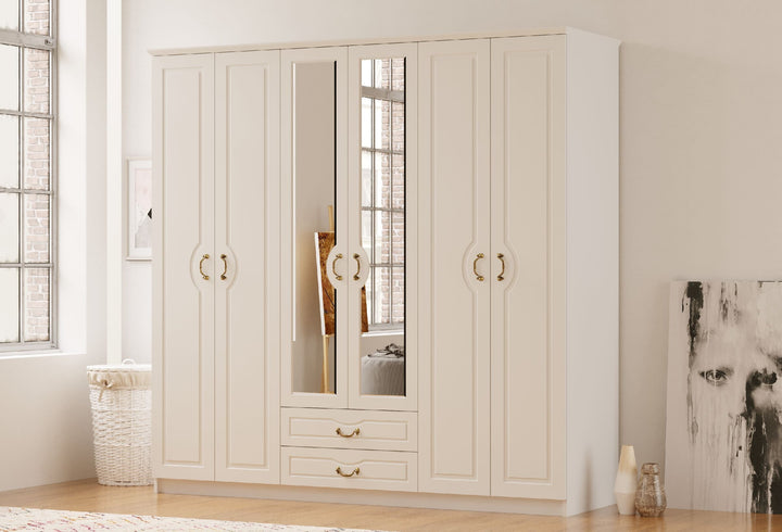 Anne 6 Door 2 Drawer Mirrored White Wardrobe-Wardrobe-Evuhome-Flat Pack (Self-Assembly)-Evuhome