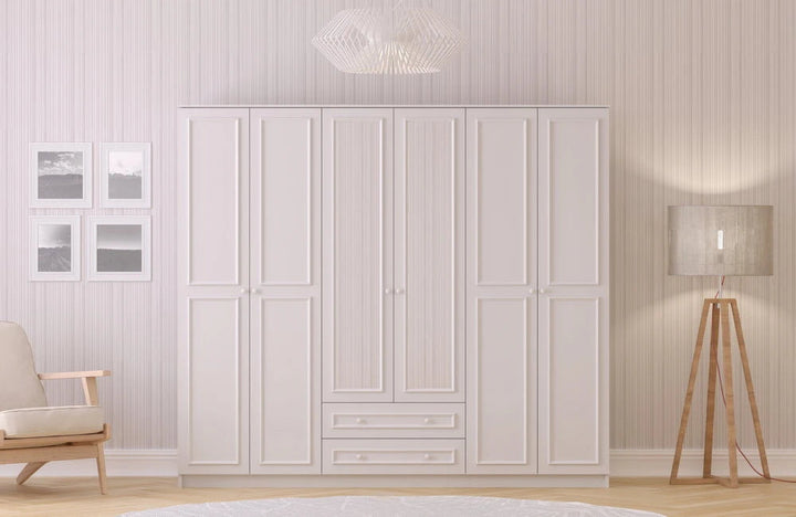 White Country 6 Door 2 Drawer Mirrored Wardrobe-Wardrobe-Evuhome-Flat Pack (Self-Assembly)-Evuhome