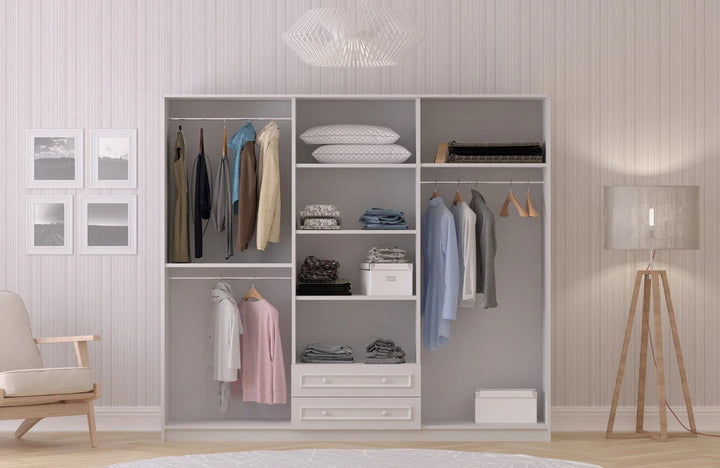 White Country 6 Door 2 Drawer Mirrored Wardrobe-Wardrobe-Evuhome-Flat Pack (Self-Assembly)-Evuhome