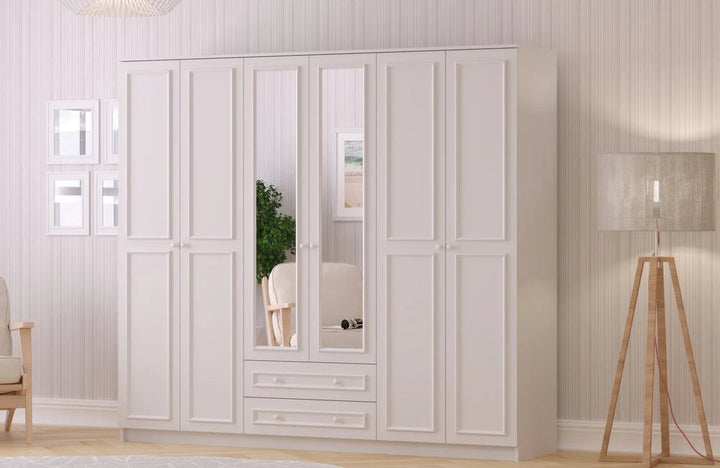 White Country 6 Door 2 Drawer Mirrored Wardrobe-Wardrobe-Evuhome-Flat Pack (Self-Assembly)-Evuhome