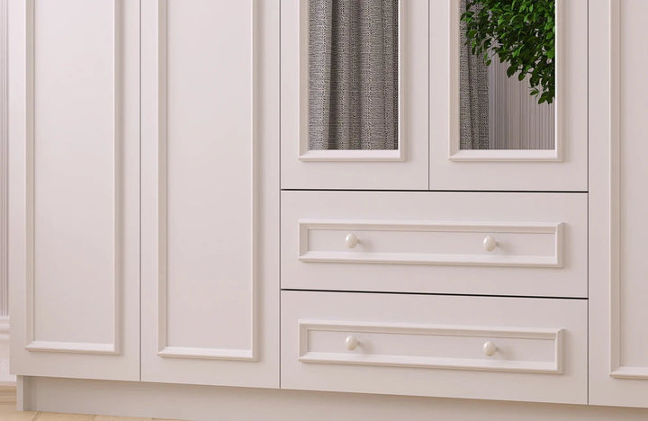 White Country 6 Door 2 Drawer Mirrored Wardrobe-Wardrobe-Evuhome-Flat Pack (Self-Assembly)-Evuhome