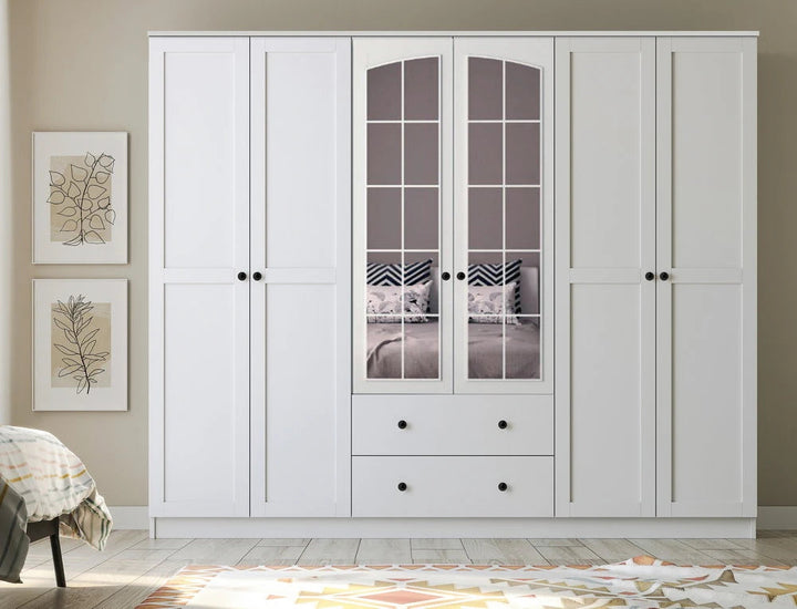 ROSE XL 6 Door 2 Drawer White Wardrobe-Wardrobe-Evuhome-Flat Pack (Self-Assembly)-Evuhome